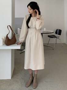 DAZY Solid Fold Pleated Detail A-Line Dress,Fall Clothes - Beige - View 8