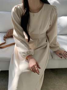 DAZY Solid Fold Pleated Detail A-Line Dress,Fall Clothes - Beige - View 9