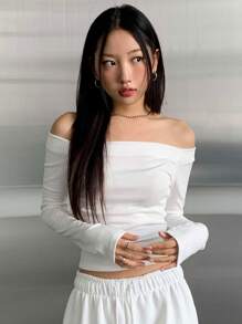 DAZY 露肩插肩袖短款 T 恤节日、秋季服装长袖女式上衣 - 白色 - 查看 6