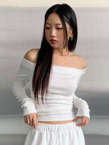 DAZY 露肩插肩袖短款 T 恤节日、秋季服装长袖女式上衣 - 白色 - 查看 8