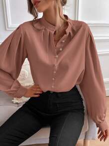 SHEIN Frenchy Áo sơ mi nữ Nút phía trước Uốn nếp màu trơn Thanh lịch - Bụi hồng - Xem 3