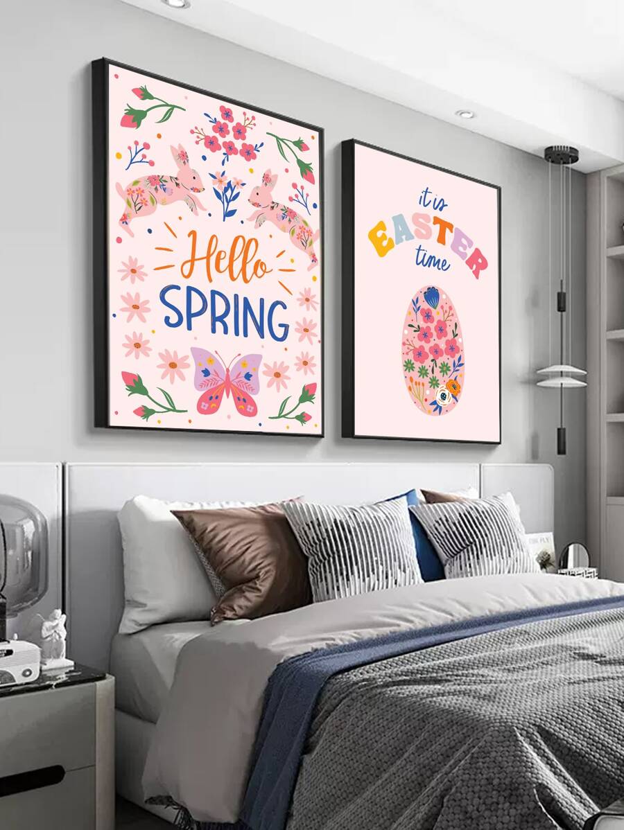 2pcs Easter Butterfly & Floral Pattern Unframed Painting - Multicolor - View 1