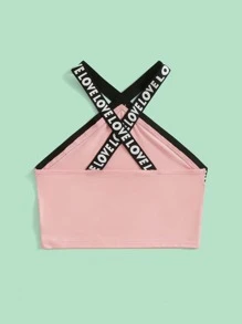 SHEIN 青少年女孩字母織帶掛脖上衣 - 淺粉色 - 查看 2