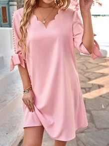 SHEIN Clasi 貝殼邊打結袖口珍珠細節直筒連衣裙