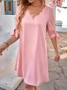 SHEIN Clasi 貝殼邊打結袖口珍珠細節直筒連衣裙