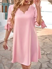 SHEIN Clasi 貝殼邊打結袖口珍珠細節直筒連衣裙