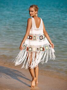 流蘇下擺前繫帶和服罩衫 - 白色 - 查看 2