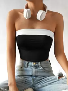 SHEIN EZwear Top tubo crop de dos tonos informal para el verano - Blanco y Negro - Ver 1