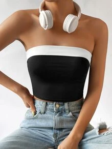 SHEIN EZwear Top tubo crop de dos tonos informal para el verano - Blanco y Negro - Ver 4