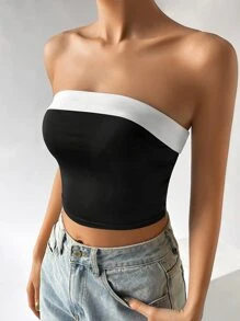 SHEIN EZwear Top tubo crop de dos tonos informal para el verano - Blanco y Negro - Ver 5