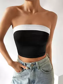 SHEIN EZwear Top tubo crop de dos tonos informal para el verano - Blanco y Negro - Ver 6