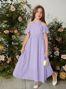 SHEIN Tween Girl Keyhole Neck Cold Shoulder Ruffle Trim Chiffon Dress - Lilac Purple - View 8