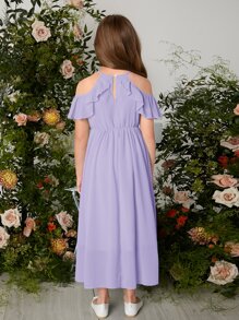 SHEIN Tween Girl Keyhole Neck Cold Shoulder Ruffle Trim Chiffon Dress - Lilac Purple - View 7