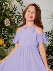 SHEIN Tween Girl Keyhole Neck Cold Shoulder Ruffle Trim Chiffon Dress - Lilac Purple - View 3