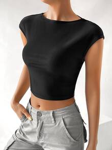 SHEIN EZwear Solid Backless Crop Tee - Black - View 2