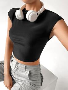 SHEIN EZwear Solid Backless Crop Tee - Black - View 3