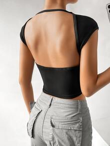 SHEIN EZwear Solid Backless Crop Tee - Black - View 4