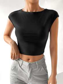 SHEIN EZwear Solid Backless Crop Tee - Black - View 6