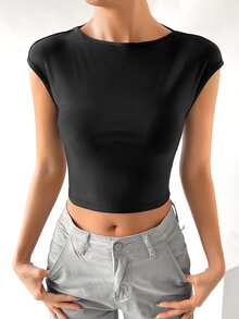 SHEIN EZwear Solid Backless Crop Tee - Black - View 7