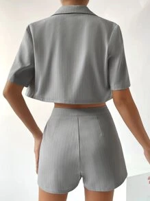 SHEIN Privé 條紋印花雙排釦短版西裝和短褲 - 灰色 - 查看 2