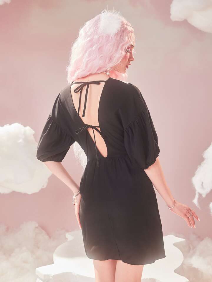 navy blue dress for baby girl Black Backless Puff-Sleeve Midi Dress main image 0