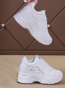 Letter Detail Lace-up Front Wedge Sneakers - White - View 2
