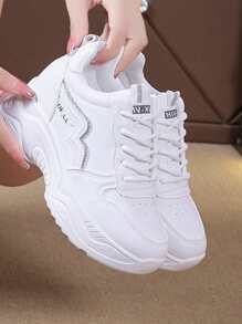 Letter Detail Lace-up Front Wedge Sneakers - White - View 3