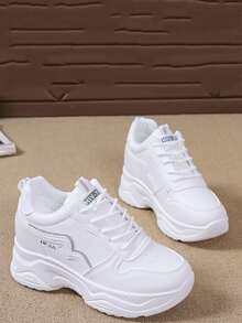 Letter Detail Lace-up Front Wedge Sneakers - White - View 4