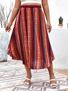SHEIN Holidaya Plus Geo Print Curved Hem Skirt - Multicolor - View 1