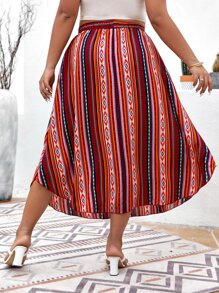 SHEIN Holidaya Plus Geo Print Curved Hem Skirt - Multicolor - View 2