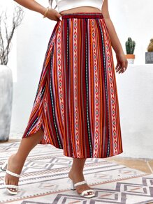 SHEIN Holidaya Plus Geo Print Curved Hem Skirt - Multicolor - View 4