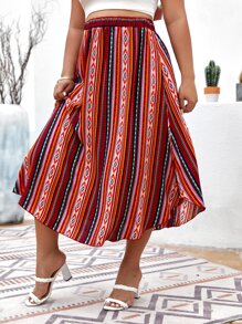 SHEIN Holidaya Plus Geo Print Curved Hem Skirt - Multicolor - View 5