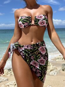 花卉束帶夏季海灘比基尼套裝與沙灘裙 - 彩色 - 查看 1