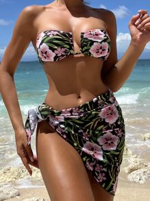 花卉束帶夏季海灘比基尼套裝與沙灘裙 - 彩色 - 查看 3