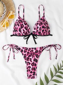 SHEIN Swim Summer Beach Leopard Bikini Set Push Up Bra & Tie Side Bottom 2 Piece Bathing Suit