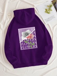 SHEIN EZwear Floral & Letter Graphic Drawstring Thermal Lined Hoodie - Purple - View 1