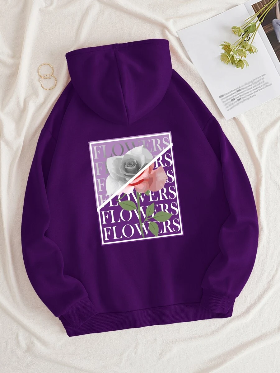 SHEIN EZwear Floral & Letter Graphic Drawstring Thermal Lined Hoodie - Purple - View 1