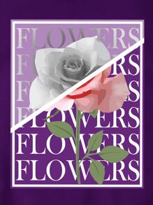 SHEIN EZwear Floral & Letter Graphic Drawstring Thermal Lined Hoodie - Purple - View 5