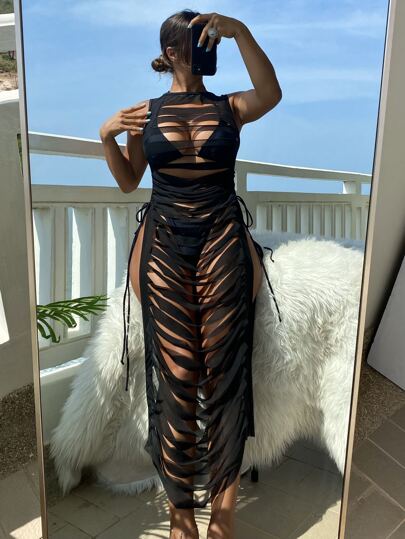 Ensemble de bikini unicolore soutien-gorge ras-du-cou triangulaire & Tanga Bas & Robe de plage déchiré 3 pièces Maillot de bain