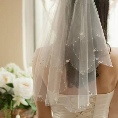 Faux Pearl Bow Decor Bridal Veil