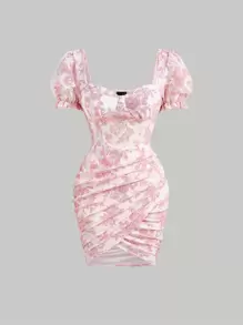 SHEIN MOD Vestido ajustado con estampado floral pecho con fruncido fruncido - Rosa - Ver 1