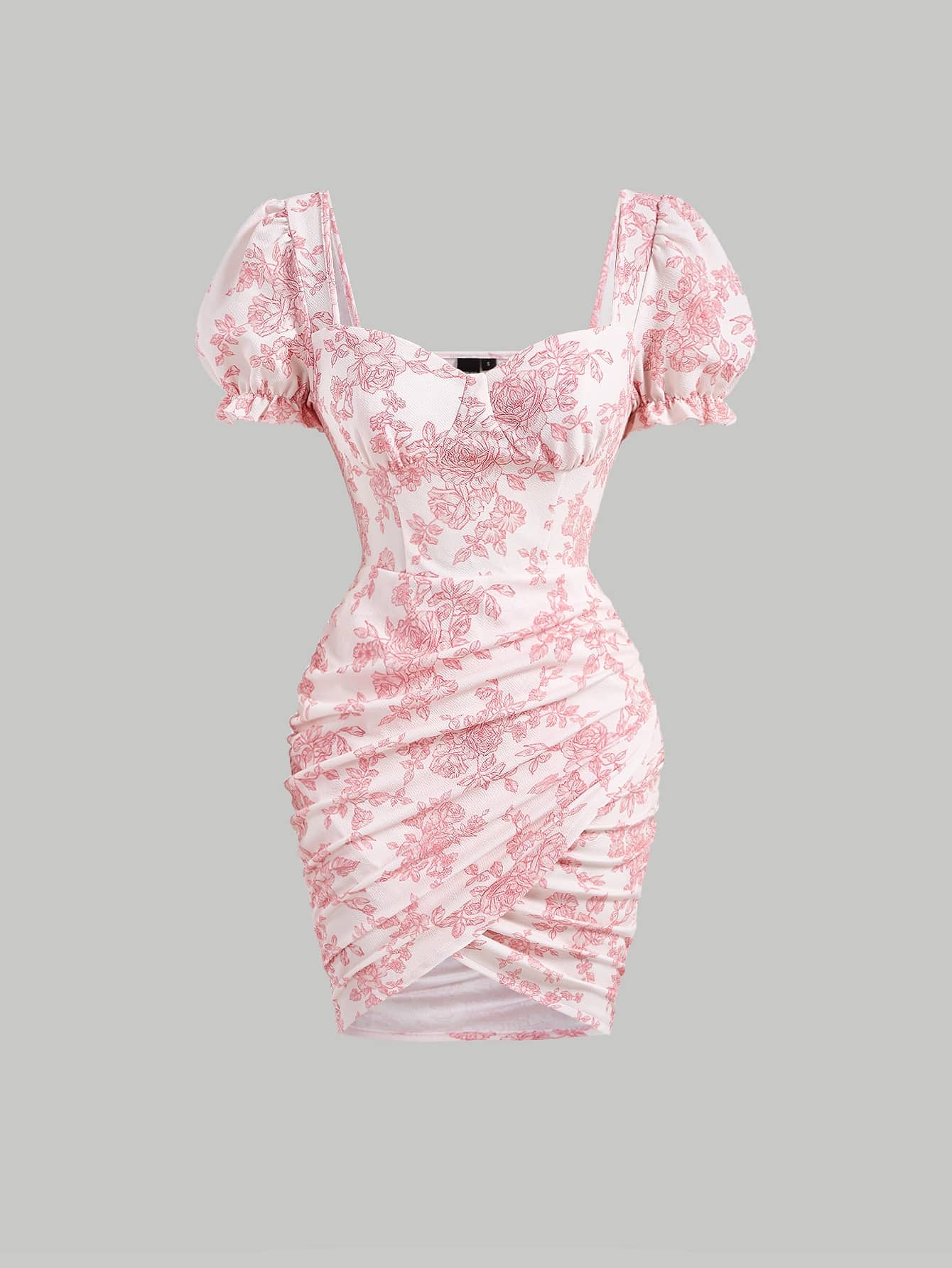SHEIN MOD Vestido ajustado con estampado floral pecho con fruncido fruncido - Rosa - Ver 1