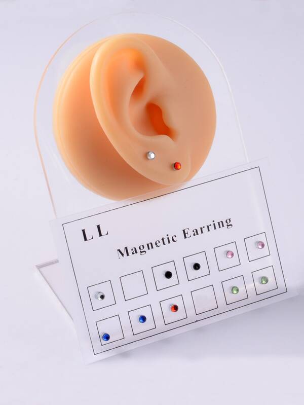 اقراط بديكور حجر الراين مغناطيسي 12 قطعة