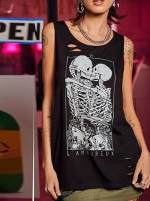 Deniart 骷髅頭圖案破洞背心上衣 - 黑色 - 查看 2