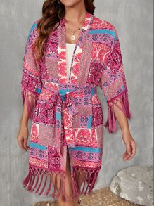 SHEIN VCAY Paisley Print Fringe Trim Belted Coat - Multicolor - View 4