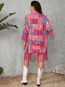 SHEIN VCAY Paisley Print Fringe Trim Belted Coat - Multicolor - View 2