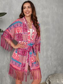 SHEIN VCAY Paisley Print Fringe Trim Belted Coat - Multicolor - View 6