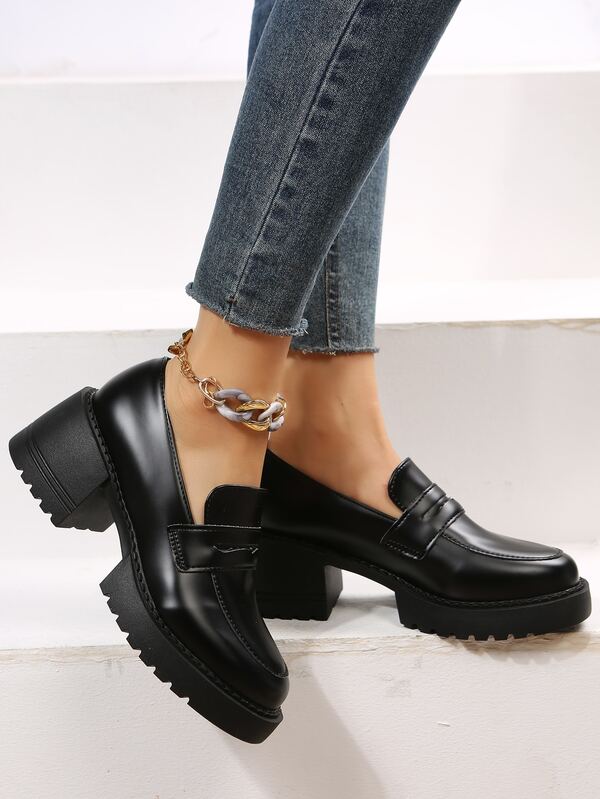 Minimalist Platform Chunky Heeled Loafer Pumps