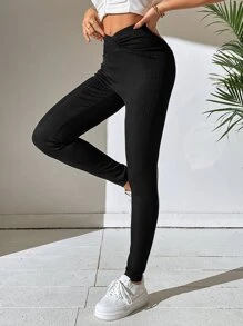 SHEIN Essnce Solid Ruched Front Leggings