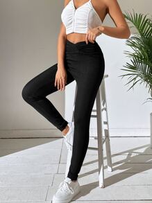 SHEIN Essnce Solid Ruched Front Leggings